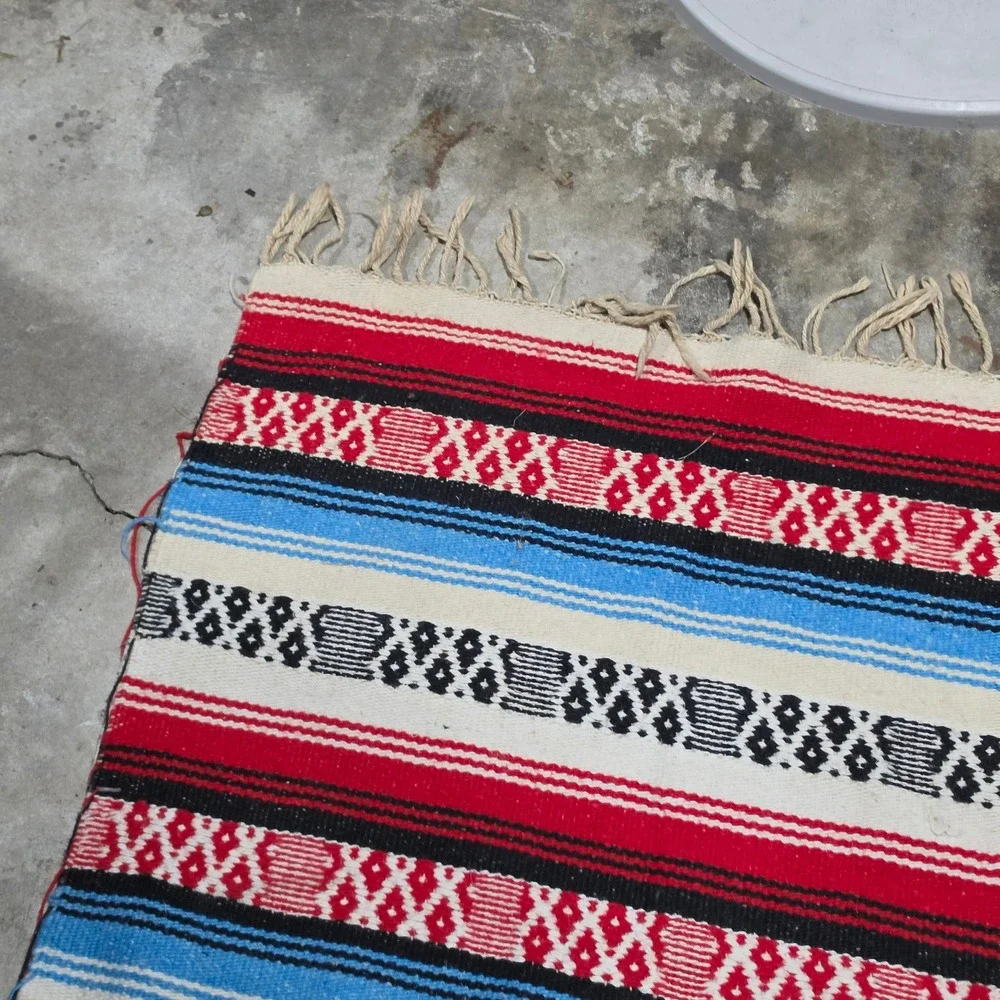 Vintage Mexican Serape Blanket Rug Striped Geometric Fringe Good 84